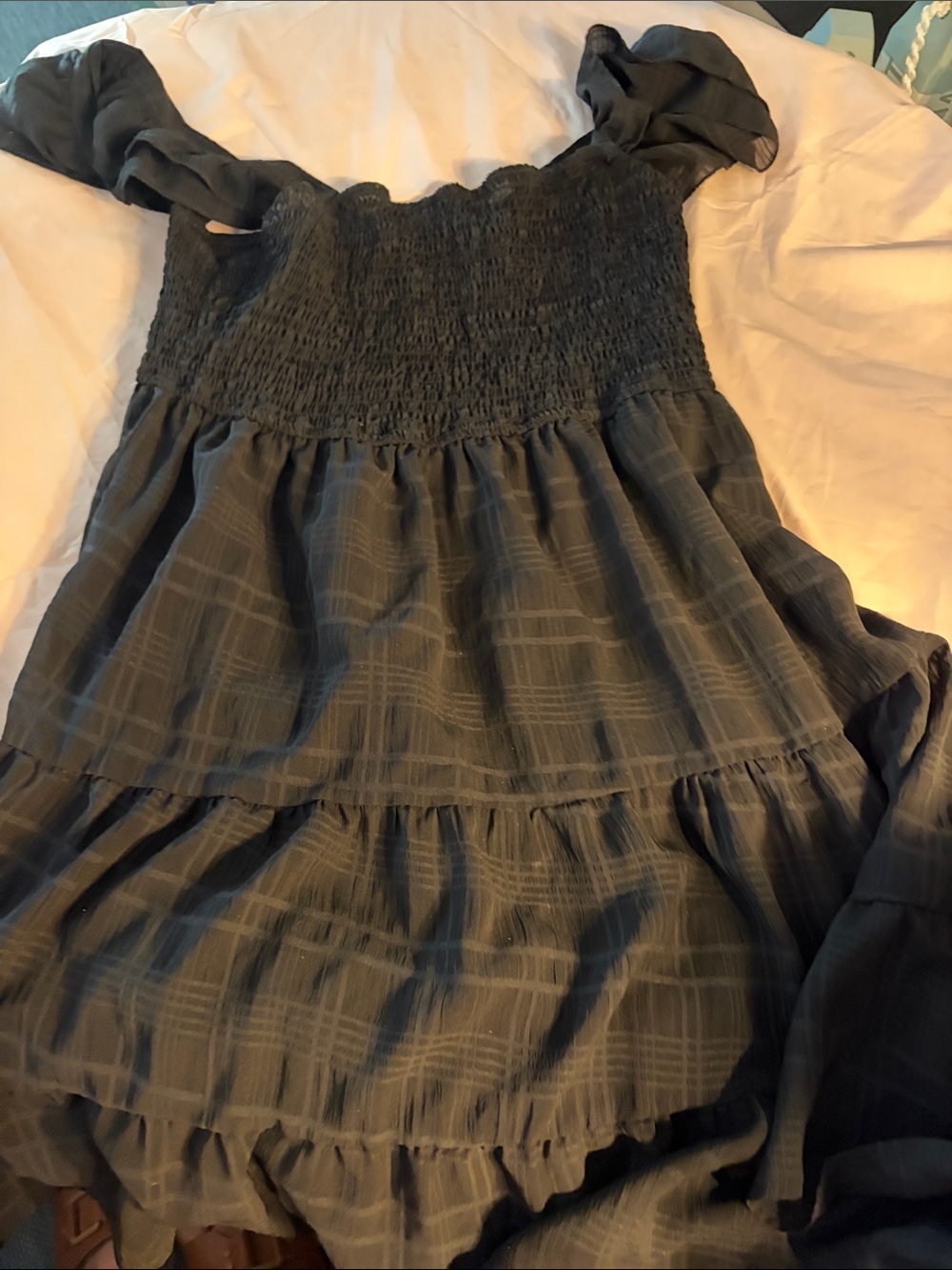 Smocked Tiered Off-Shoulder Dress in Slate Blue